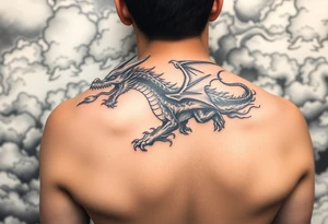 fierce dragon breathing iridescent fire against stormy skies tattoo idea