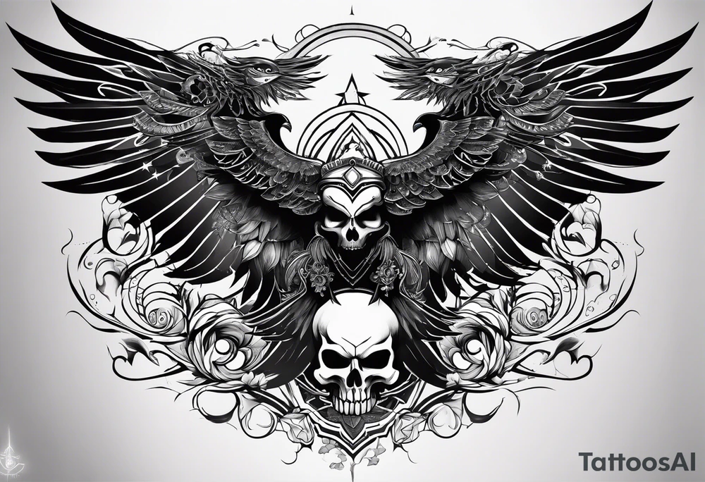 black kali, goddess pirate, alien, pachamama, valkrye, warrior, skull, lotus azul, wing, eagle, zenza resonance, stars, one side chest tattoo idea