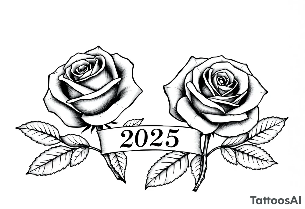 two beautiful large rose buds, one slightly larger than the other, with lots and lots of leaves next to the rose buds, with one sitting slightly higher than the other, side-by-side.  Include a banner connecting the two roses with the year 2025 on it.   Use dark outlines with little shading. Remove all stems from the roses. tattoo idea