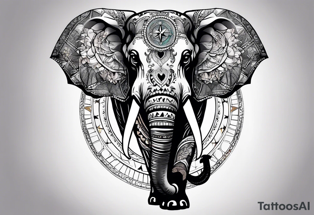 Feminine compass, elephant holding it tattoo idea