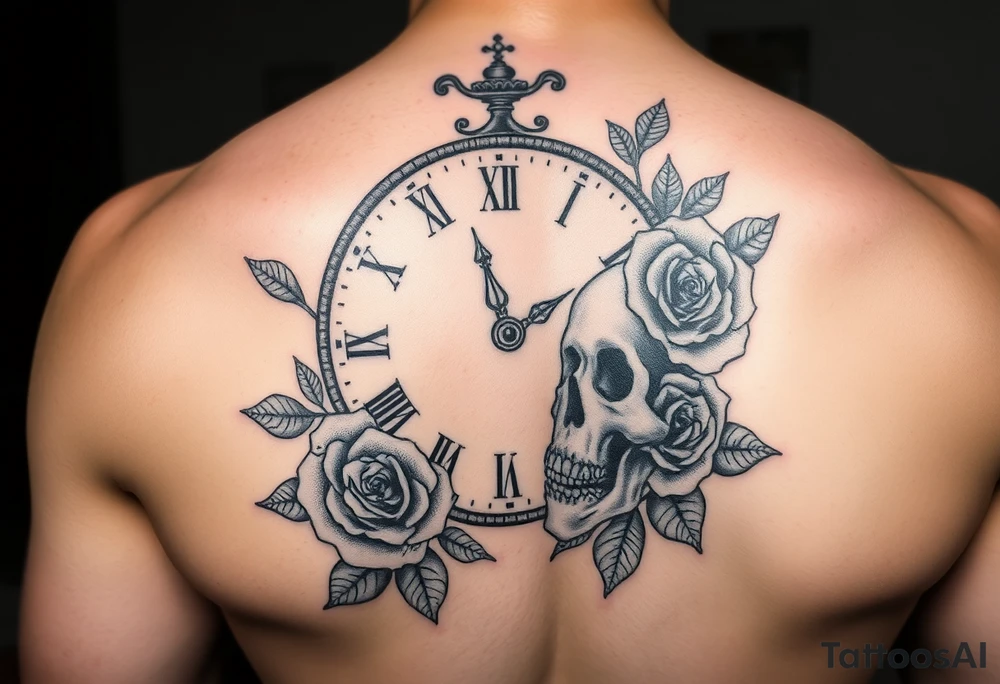 Broken Clock face 11:43 as set time. With roses and skull looking to the clock feminine tattoo idea