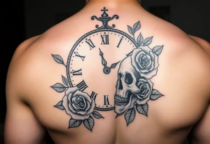 Broken Clock face 11:43 as set time. With roses and skull looking to the clock feminine tattoo idea
