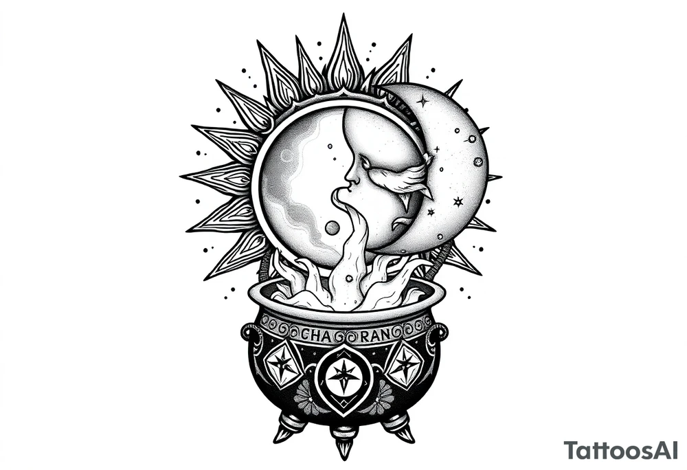 celestial sun and moon with constellation patterns runes in galaxy coming out of witch cauldron tattoo idea