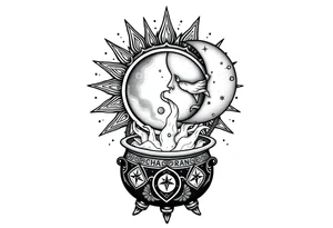 celestial sun and moon with constellation patterns runes in galaxy coming out of witch cauldron tattoo idea