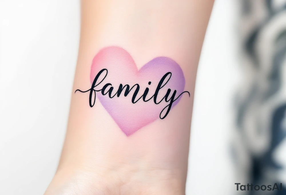 The word family in flowing black script, wrapped in a soft watercolor heart in shades of blush pink and lilac. tattoo idea