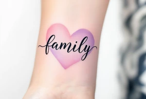 The word family in flowing black script, wrapped in a soft watercolor heart in shades of blush pink and lilac. tattoo idea
