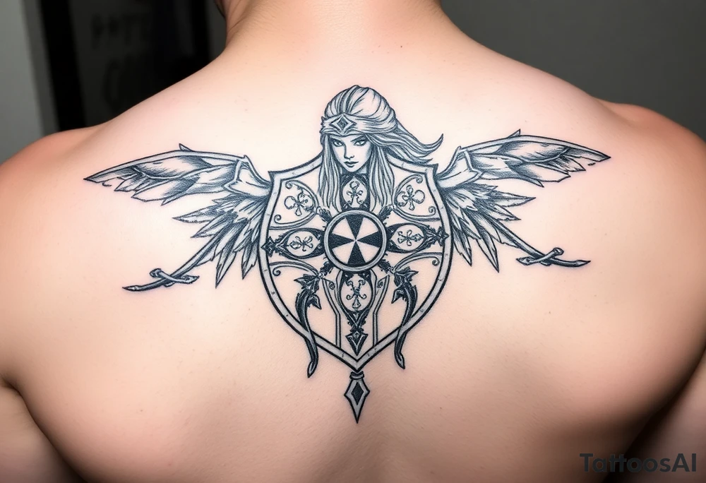 Shield maiden, black work, intricate lines, realistic tattoo idea