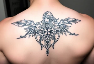 Shield maiden, black work, intricate lines, realistic tattoo idea