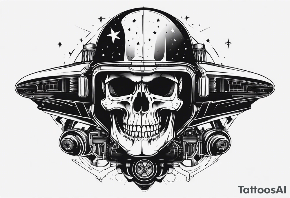 Powerful skull with an engine, also the dseign must be vertical. Also, the desing must be minimalistic not saturated. Remember the vertical proportion of the design. Within the design appears a spaceship with stars tattoo idea