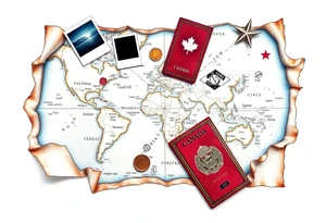 Navigator map with torn/burnt edges, with polaroids, coins, open Canadian passport, and show tickets tattoo idea