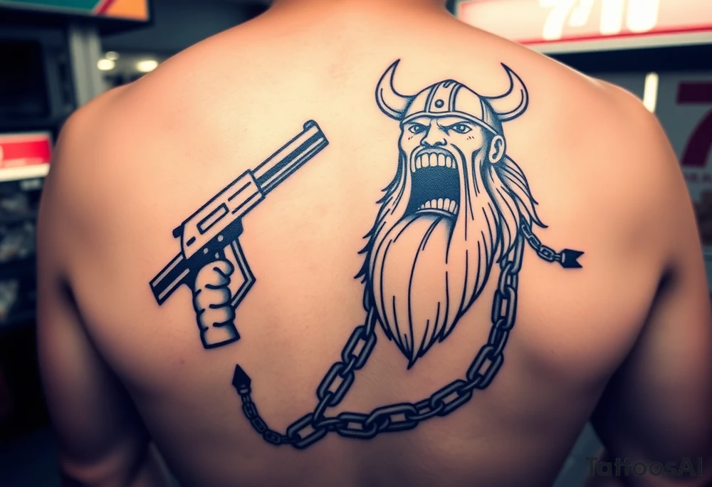 Someone standing in from of 7/11 with a gun and in the other hand is a chain with a Viking at the end of it he’s angry mouth open and giant teeth tattoo idea