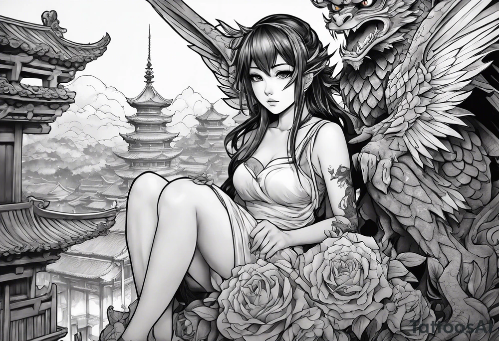 2 dimensional art of a bleeding anime girl surrounded by an asian gargoyle tattoo idea