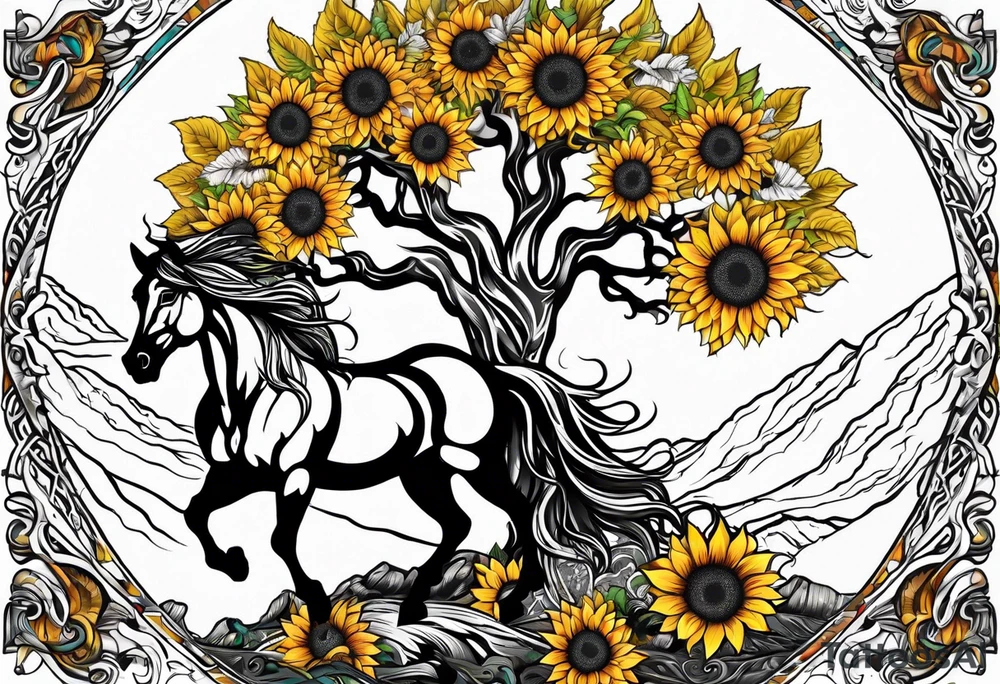 Yggdrasil tree, horse, sunflower tattoo idea