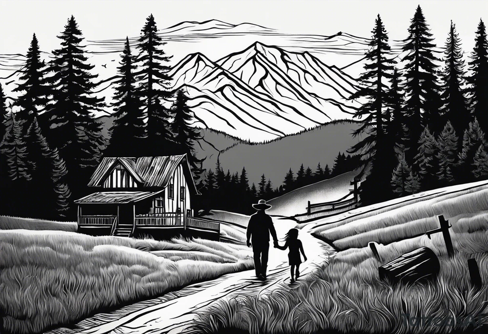 A shadow of a family of four walking through the Pacific northwest landscape. Father, Wife, Son, daughter.
 Faith centered and add Mexican tribal  border with importance of faith.
Add crosses and GOD tattoo idea