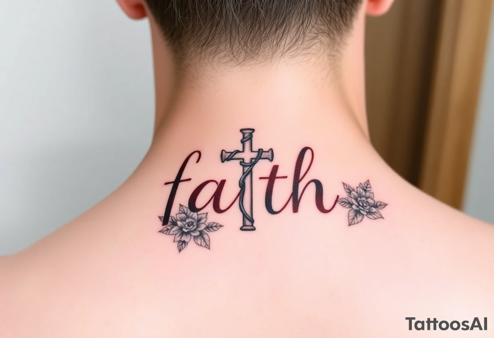 Smaller tattoo with the word faith in brown a cross for the t and waterfall flowers for April twins tattoo idea