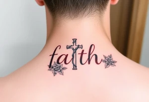 Smaller tattoo with the word faith in brown a cross for the t and waterfall flowers for April twins tattoo idea