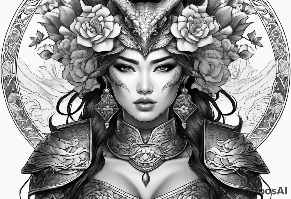 beautiful warrior woman wearing dragon armor and a floral background tattoo idea