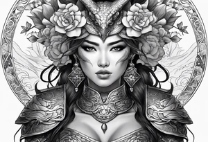 beautiful warrior woman wearing dragon armor and a floral background tattoo idea