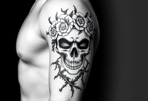 ornate skull adorned with crown of wild roses and thorns tattoo idea