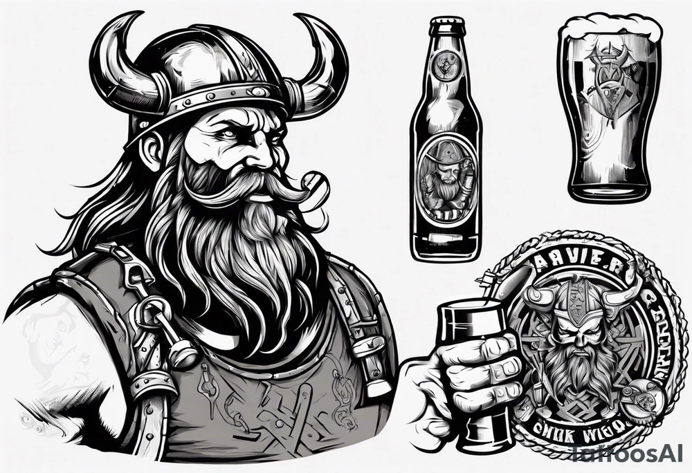 A Viking drinking a beer and holding a wrench tattoo idea