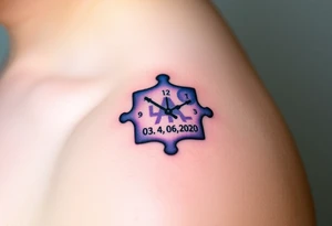 A puzzle-piece styled clock, where the missing piece contains the child’s name "AdamL and birth date "03. 06. 2020", in blue, purple, and silver tattoo idea