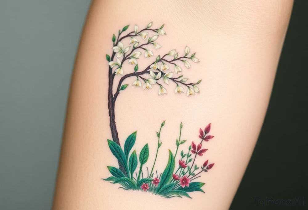 Lilly of the vally plants underneath a blooming hawthorn tree with other plants on ground tattoo idea