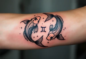 Twin koi fish swim around a sparkling navy Pisces constellation, merging the symbol and stars in harmony. tattoo idea
