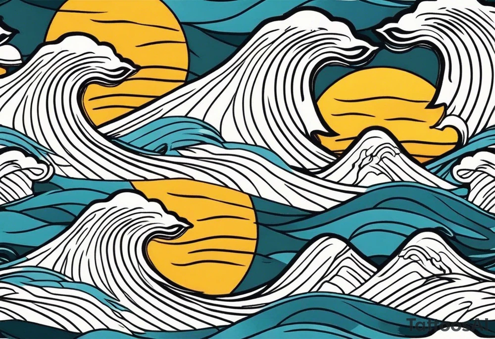 ocean waves with sun tattoo vintage traditional simple and bold colors tattoo idea