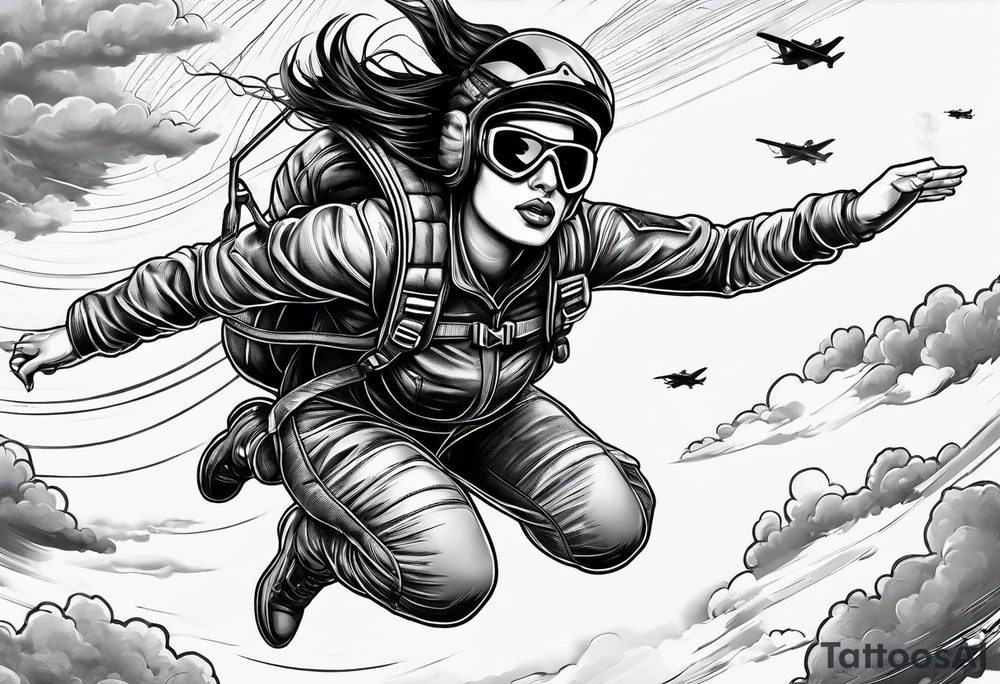 Black haired Woman skydiver jumping from plane with parachute tattoo idea