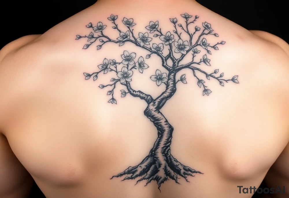 japanese cherry blossom tree as a side tattoo that goes into a chest piece and a left arm sleeve with the roots being below the waste line tattoo idea