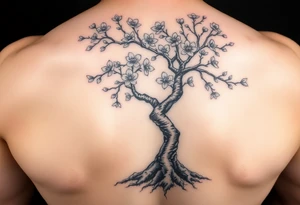 japanese cherry blossom tree as a side tattoo that goes into a chest piece and a left arm sleeve with the roots being below the waste line tattoo idea