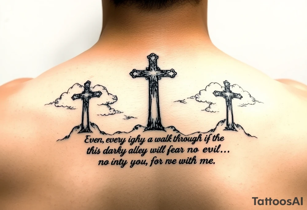 3 crosses, clouds, even though I walk through the darkest valley, I will fear no evil, for you are with me tattoo idea