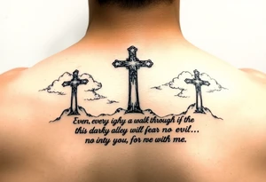 3 crosses, clouds, even though I walk through the darkest valley, I will fear no evil, for you are with me tattoo idea