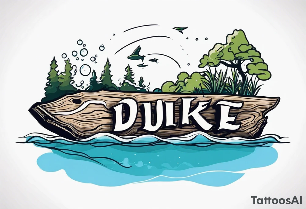 piece of driftwood underwater with duke written in the wood tattoo idea