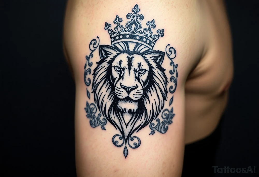 majestic lion wearing ornate crown, surrounded by baroque flourishes tattoo idea