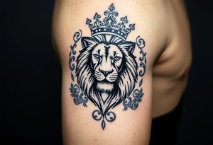 majestic lion wearing ornate crown, surrounded by baroque flourishes tattoo idea