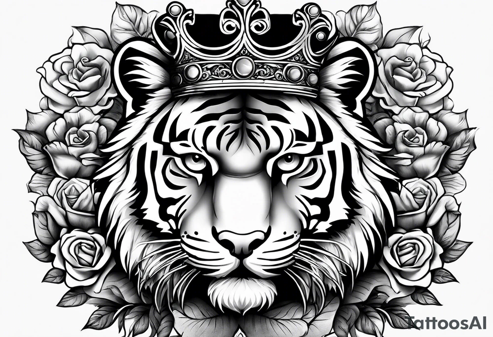 A tiger with crown and smoke rose times clocks tattoo idea