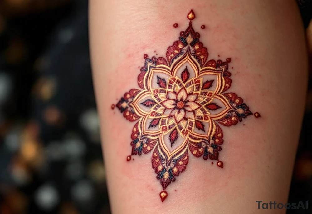 A Moroccan-style Hamsa with intricate arabesque patterns in rich red and gold, reflecting cultural heritage. tattoo idea