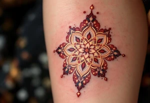 A Moroccan-style Hamsa with intricate arabesque patterns in rich red and gold, reflecting cultural heritage. tattoo idea