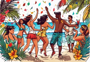 vintage beach dance party with music and confetti, tropical drinks tattoo idea