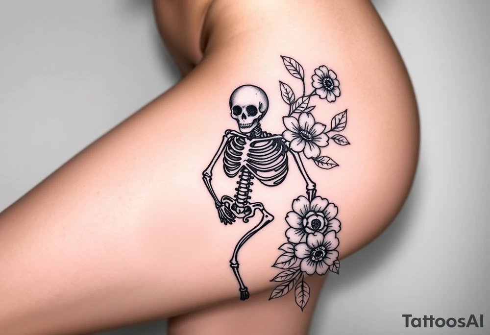 Pretty Nurse skeleton with peonies and honey combs tattoo idea