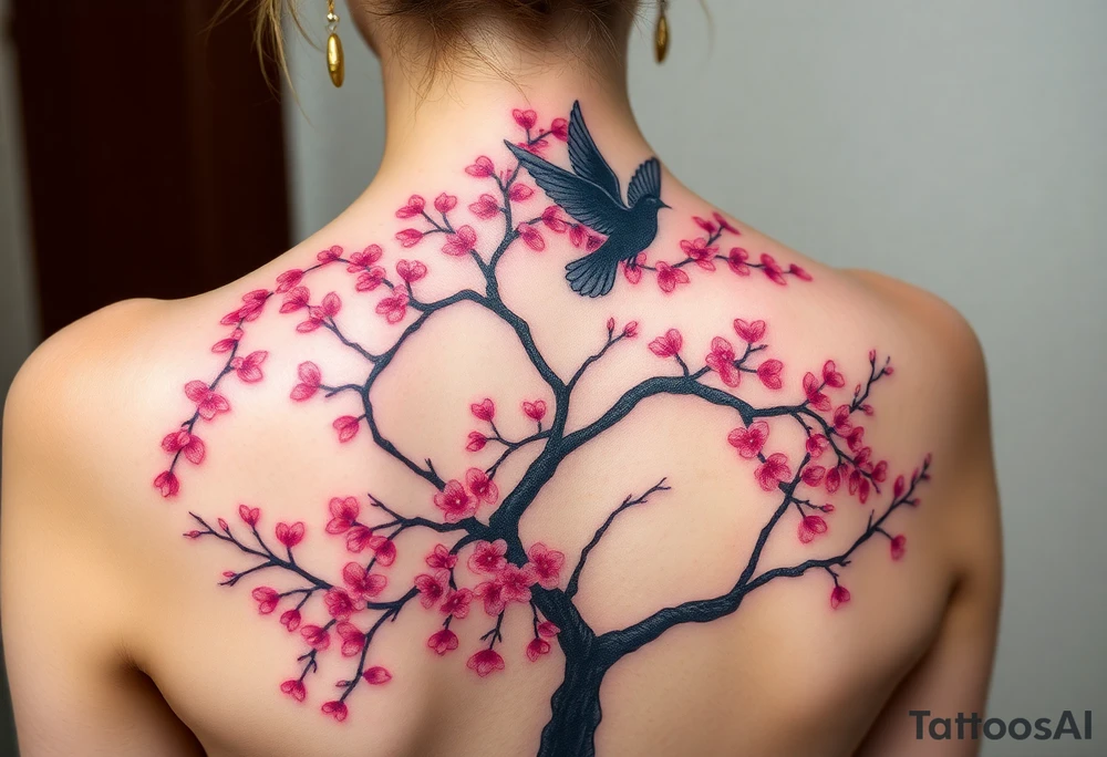 A big pink, weeping tree on the entire back, there are 2 doves. 1 is a flying into the sky. The second one is hovering above the ground that’s turning black like she stained with grief. Goth romance 
These are the dates I want dainty in the heavily overflow of weeping cherry blossom branches and leaves March 31, 2024 – July 2, 2024 tattoo idea