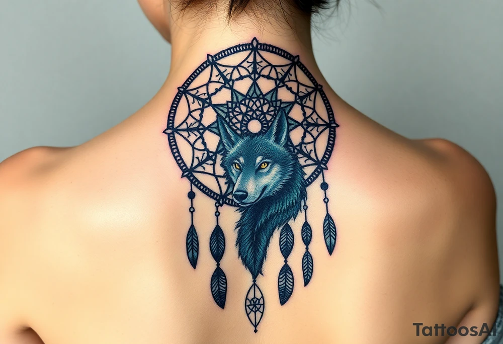 Dreamcatcher with zodiac symbols and protection runes caught in it with wolf teal tattoo idea