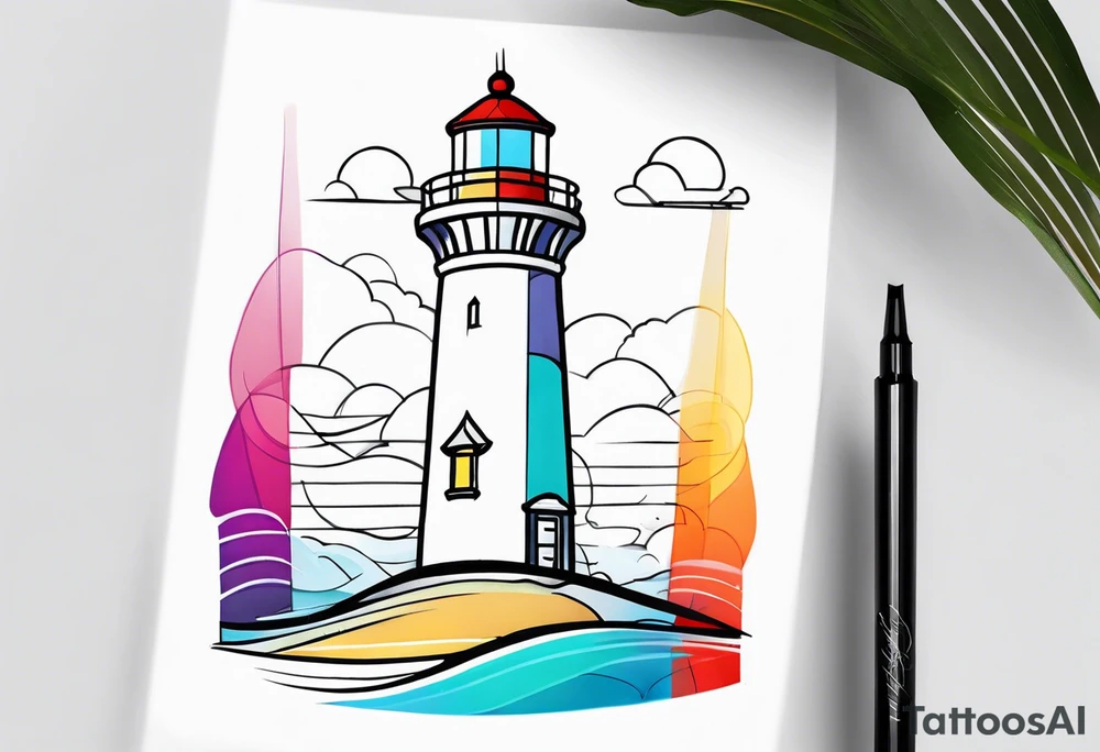 lighthouse fine line colorful tattoo idea