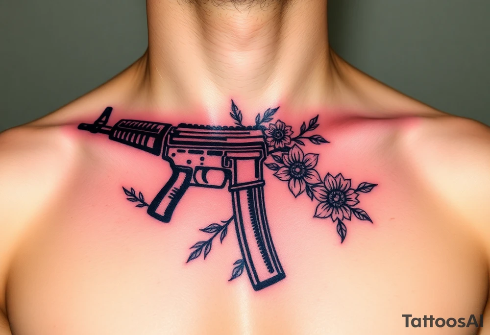 ak 47 black silhouette with floreal details tattoo idea