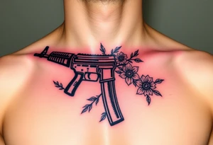 ak 47 black silhouette with floreal details tattoo idea