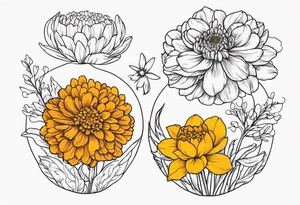 One stemless marigold, chrysanthemum, and 
narcissus side by side tattoo idea