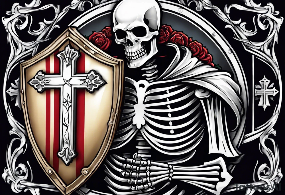 skeleton holding a shield with a cross on it tattoo idea