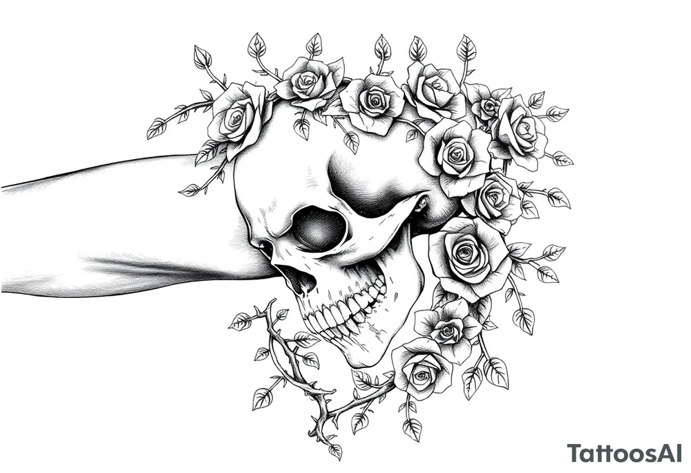 gothic skull intertwined with climbing roses and thorny vines tattoo idea