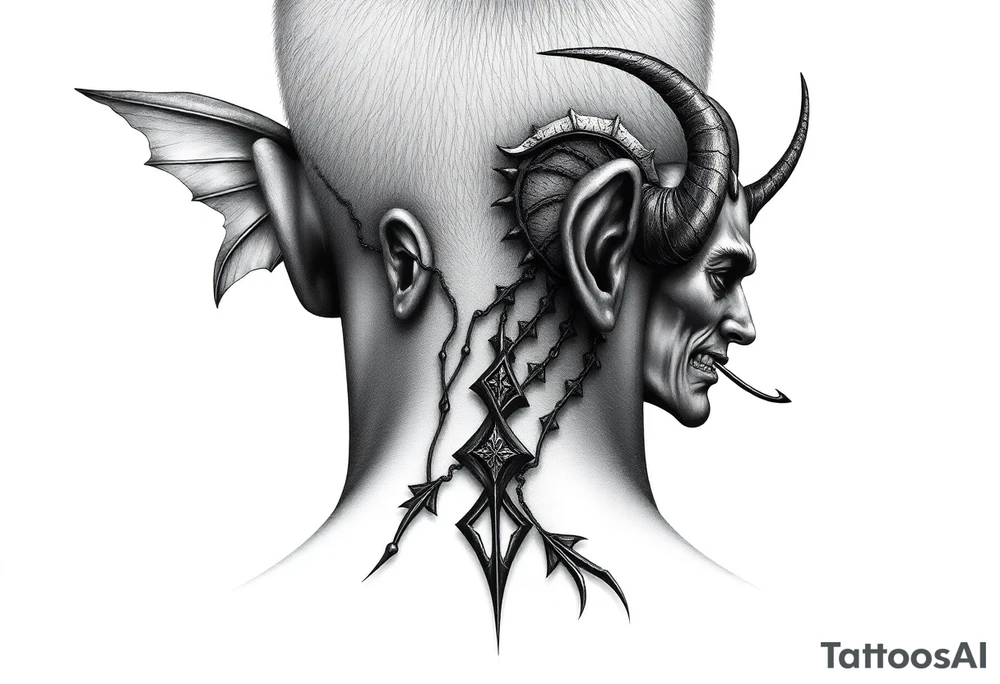 position behind the neck Angel (on the right) whispering in the right ear, demon (on the left) whispering in the left ear. It must be as realistic as possible. tattoo idea